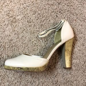 Cream and gold patent leather Mary Jane heels